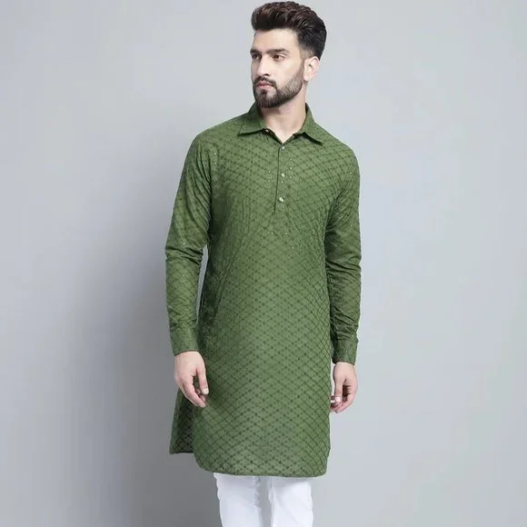 TREEMODA Kurtas Embroidered Cotton Chikankari Green Pathani Kurta Pajama Set By Treemoda Poshmark